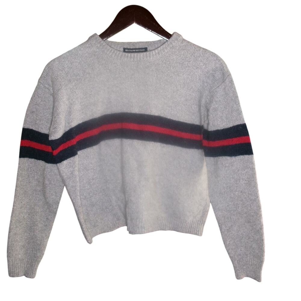 Brandy Melville Gray Knit Crewneck Sweater Red Navy Stripe Womens